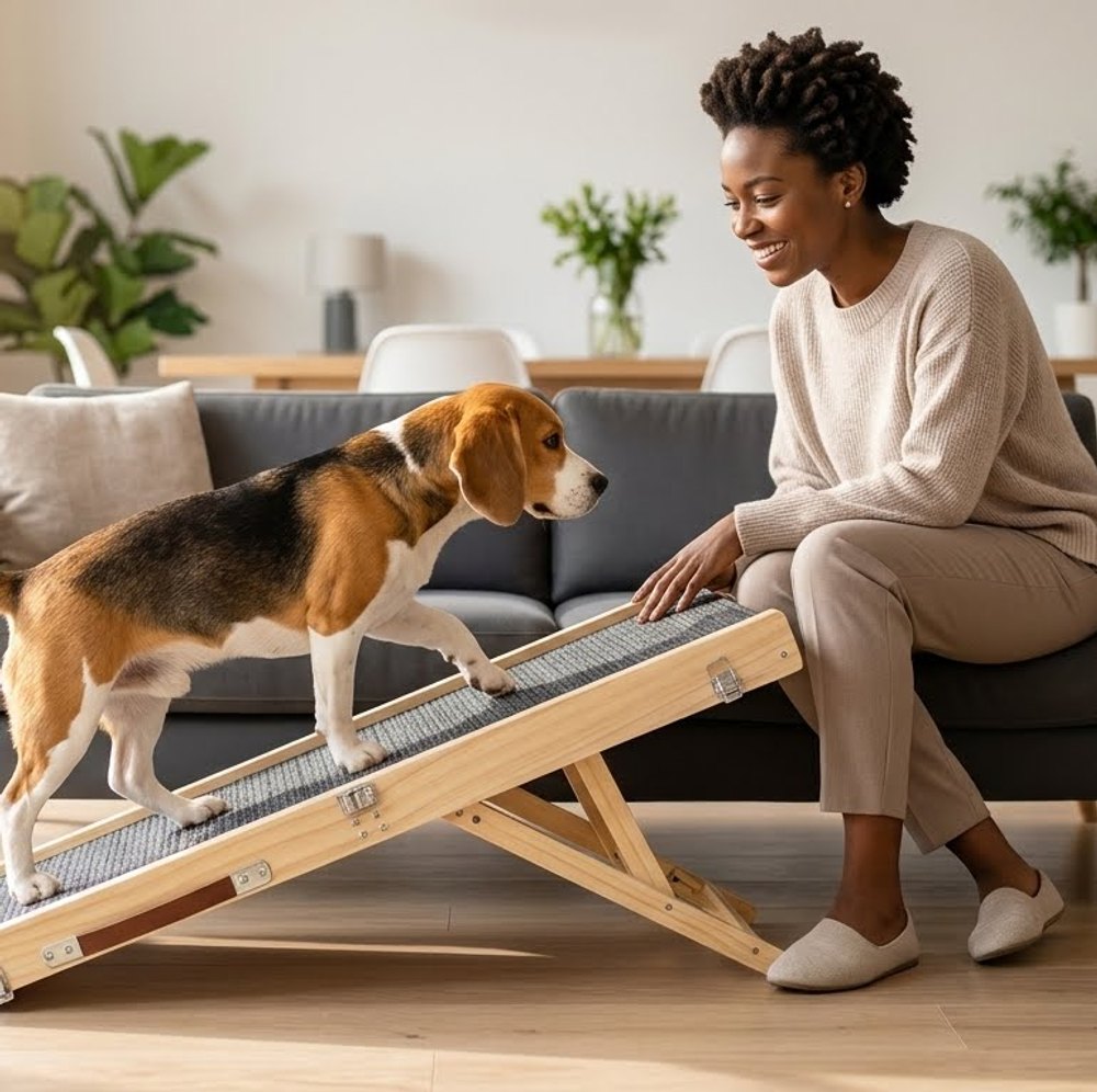 Beagle montant la rampe Atelier XL 120, sous le regard de sa propriétaire